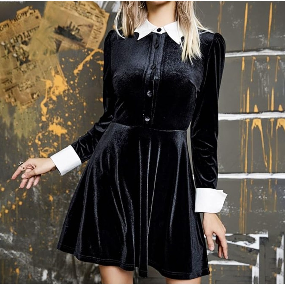 Black Velvet Shirtdress White Contrasting Bat Collar Gothic Emo Cosplay Large